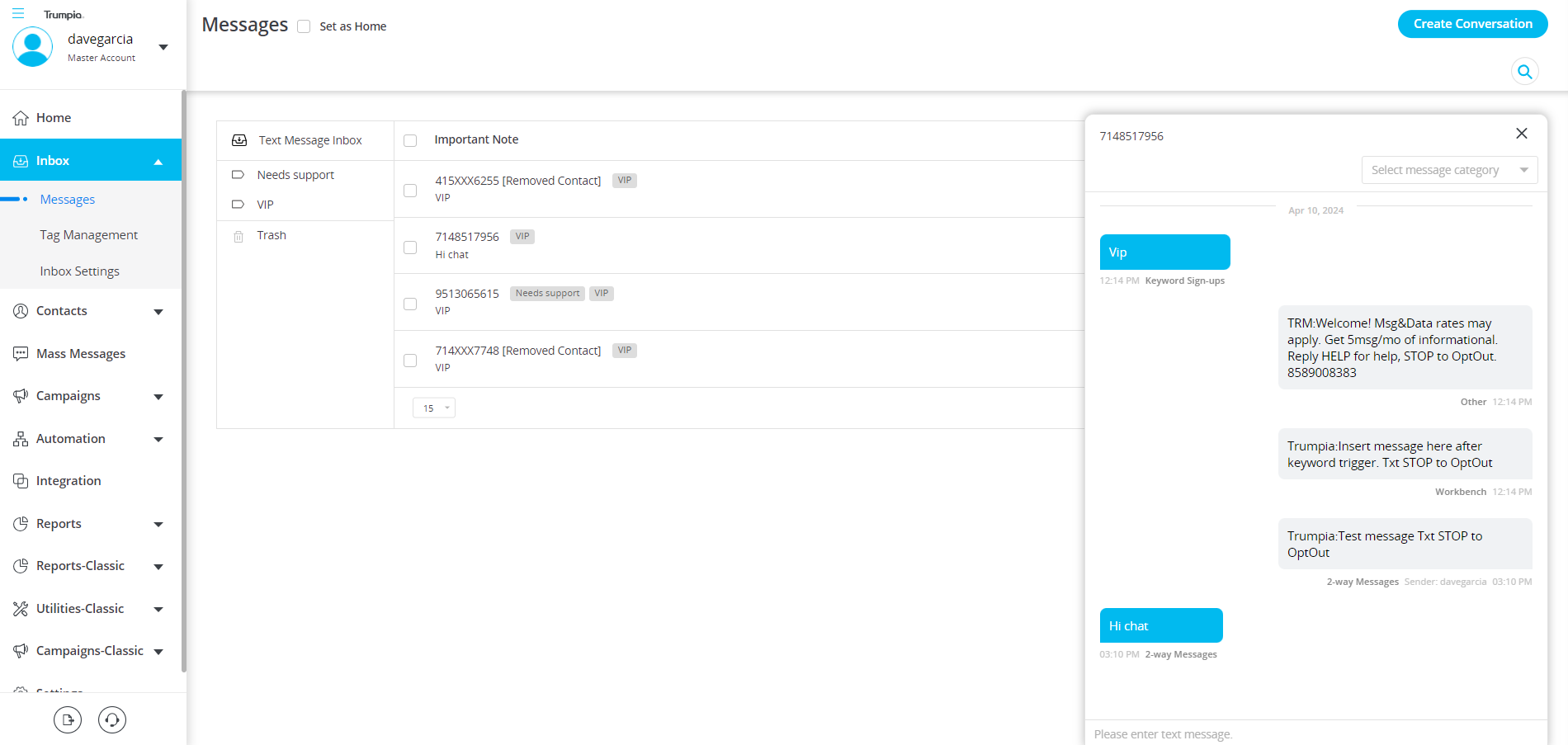 Trumpia workflow builder showing automated SMS and email sequences triggered by user actions