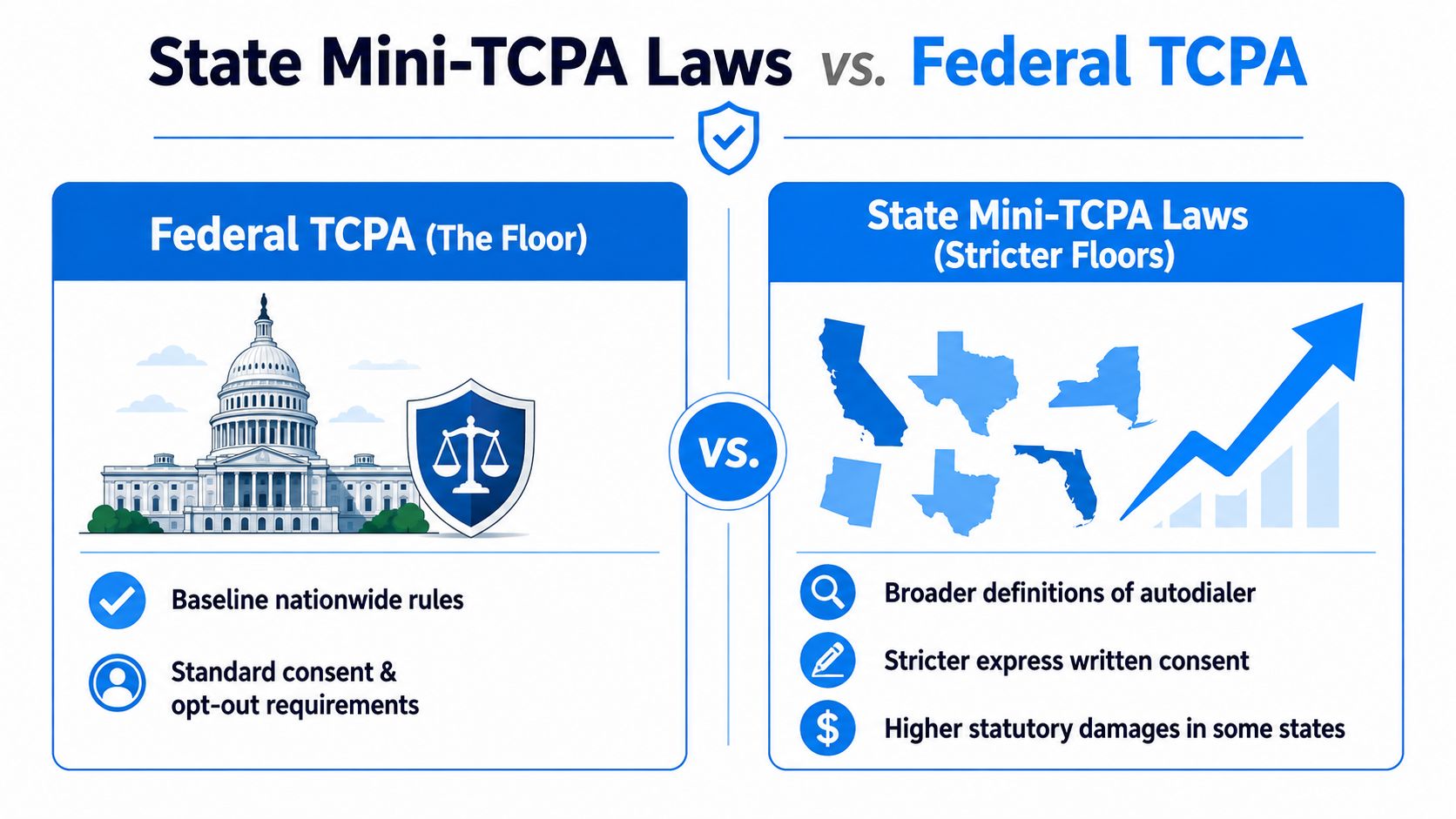 Comparison chart showing differences between federal TCPA laws and state-level mini-TCPA compliance regulations for business texting
