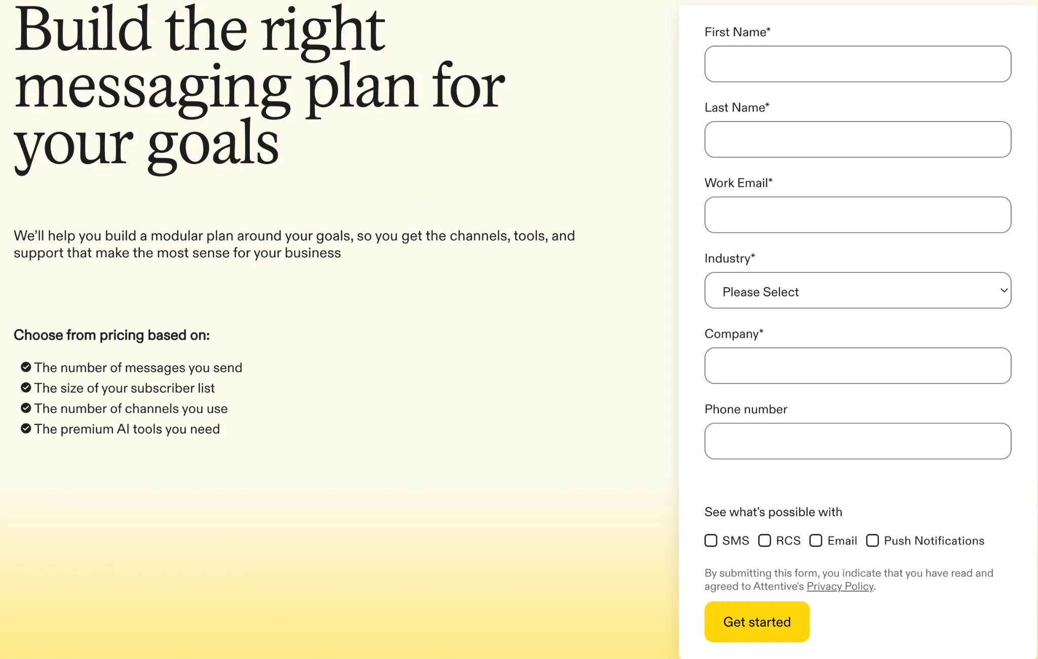 Attentive pricing inquiry form for building a messaging plan