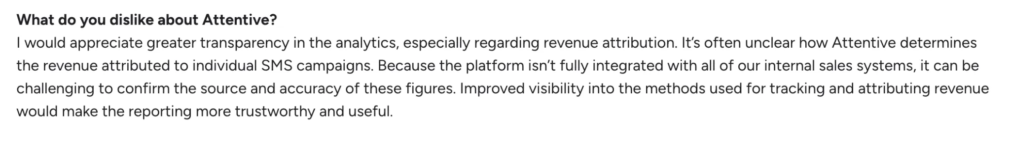 Customer review discussing Attentive revenue attribution and reporting accuracy