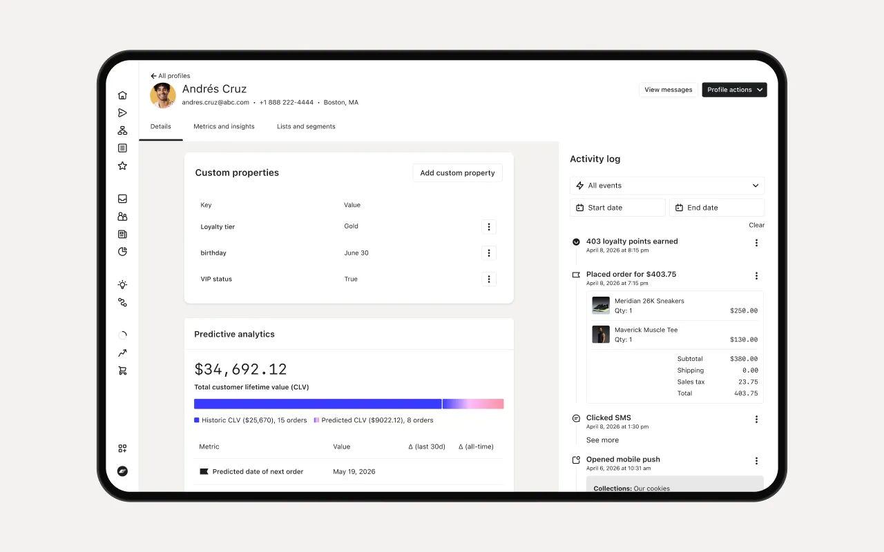 Klaviyo customer profile dashboard with campaign analytics and customer activity