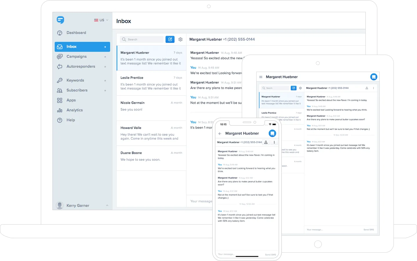 SimpleTexting two-way SMS inbox on desktop and mobile