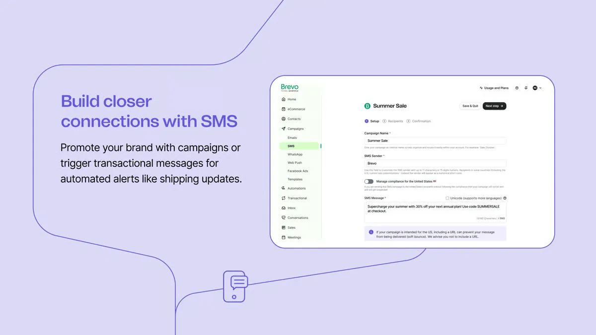 Brevo SMS marketing campaign interface and messaging illustration