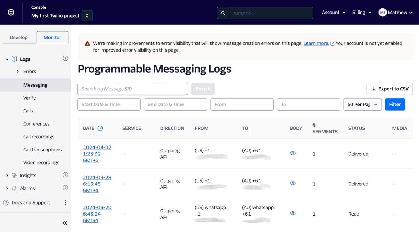 Twilio Programmable Messaging Console showing SMS logs and delivery information