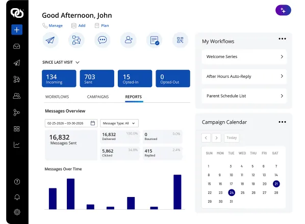 EZ Texting marketing dashboard showing SMS campaigns and opt-ins