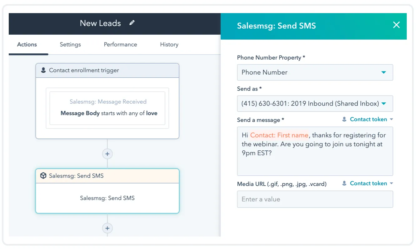 Salesmsg Send SMS action in HubSpot workflow with message personalization options