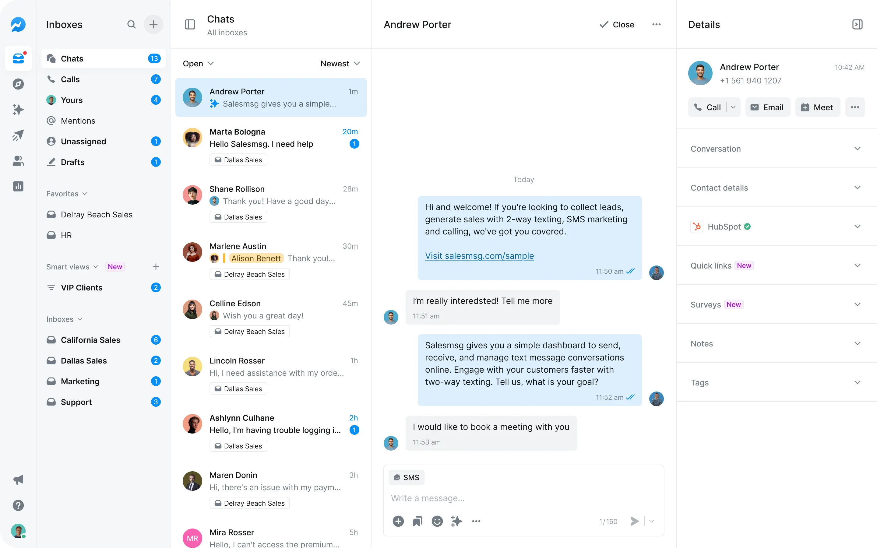 Salesmsg shared team inbox showing two-way SMS conversation synced to HubSpot CRM with AI agent response suggestions.