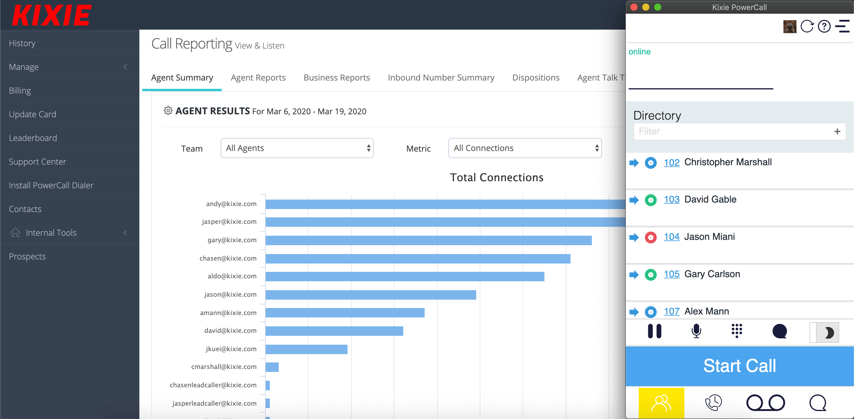 kixie product preview with reporting dialer shown
