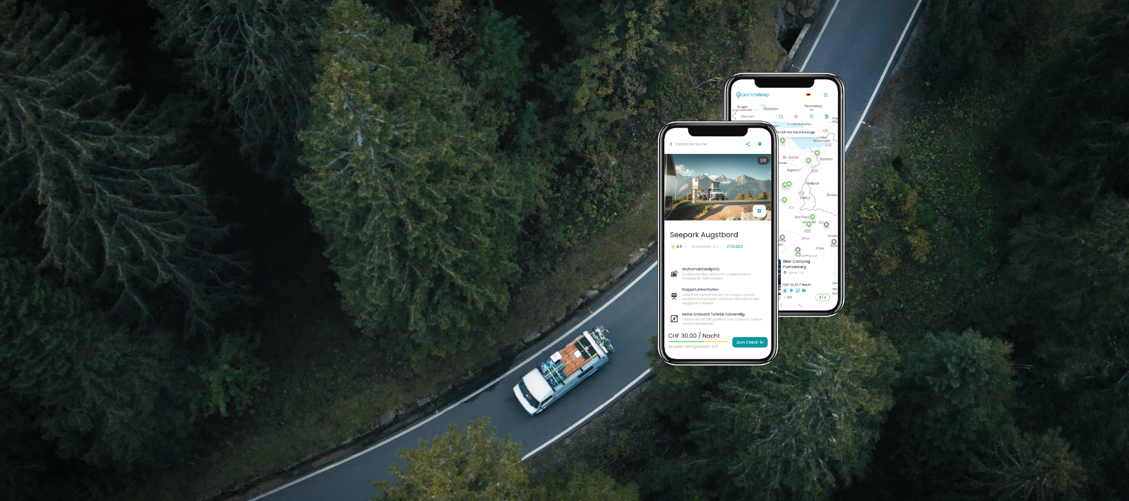 Parkn'Sleep App auf zwei Smartphones über einer Landstrasse mit Campervan