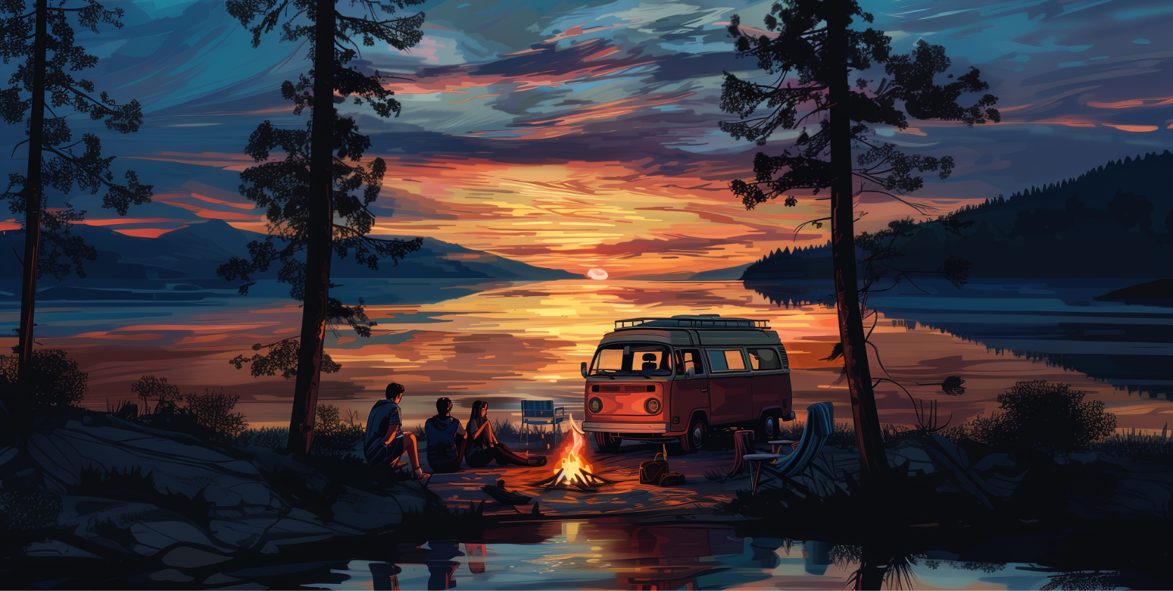 Illustration: Camper mit rotem Bus am Lagerfeuer bei Sonnenuntergang am See