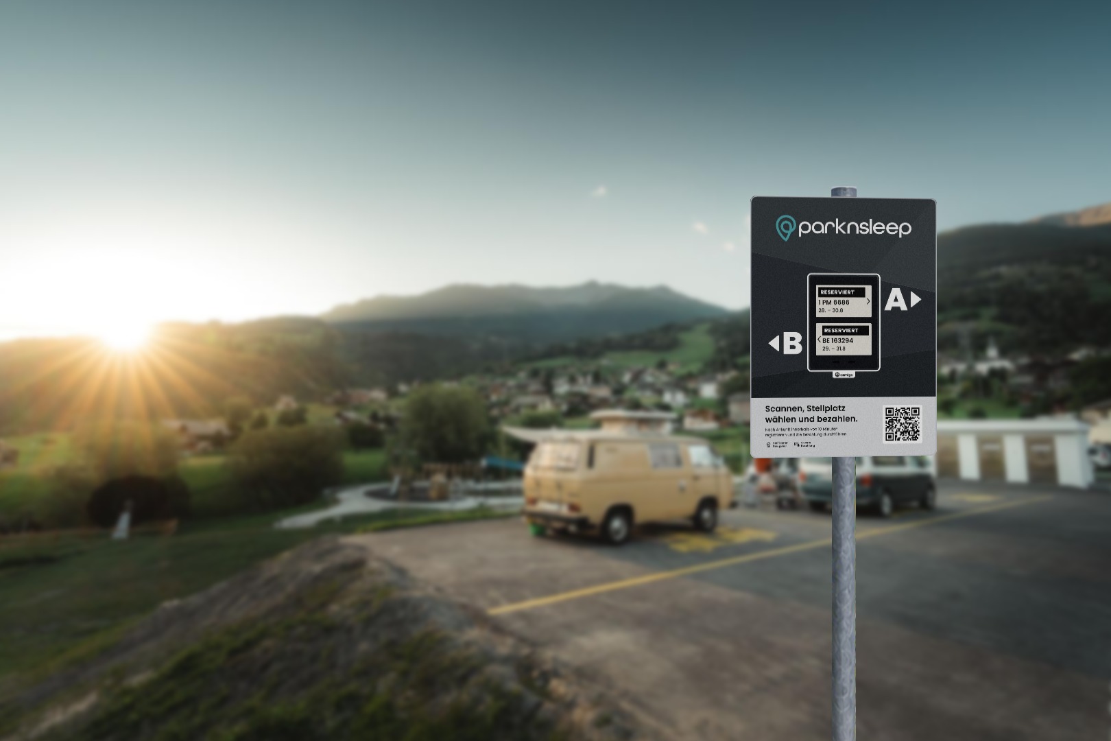 Wohnmobilstellplatz im Abendlicht mit Pitch Control