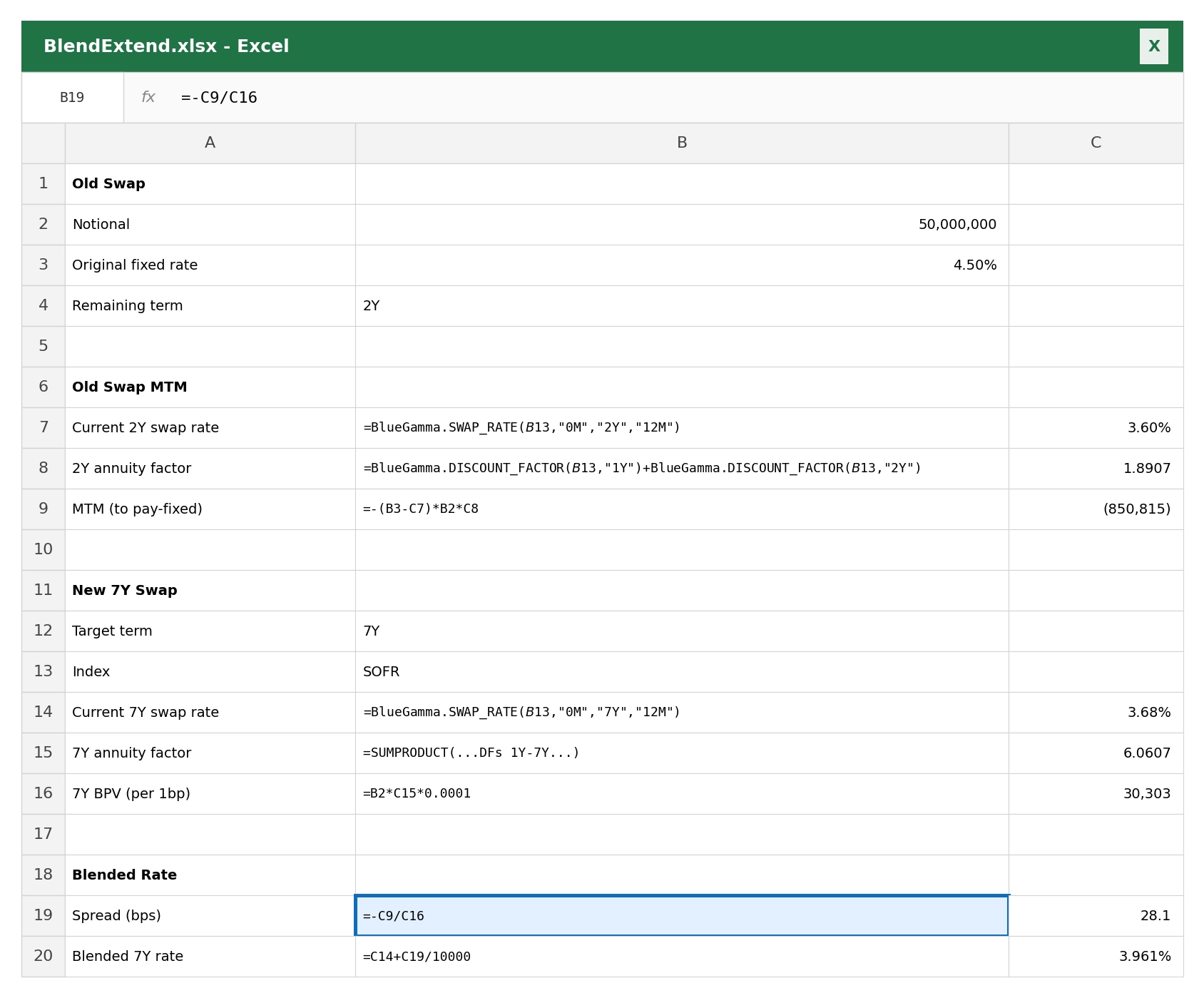 Excel blend and extend calculator pulling live 2Y and 7Y swap rates from BlueGamma