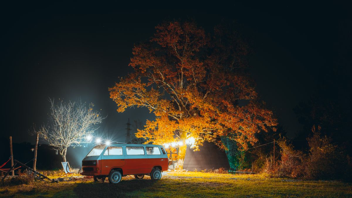 Roter Camper unter herbstlich leuchtendem Baum