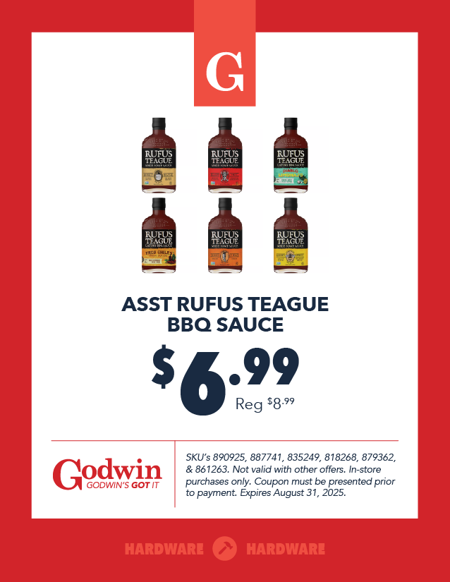 Promotional deal on Rufus Teague BBQ Sauce at Godwin Hardware
