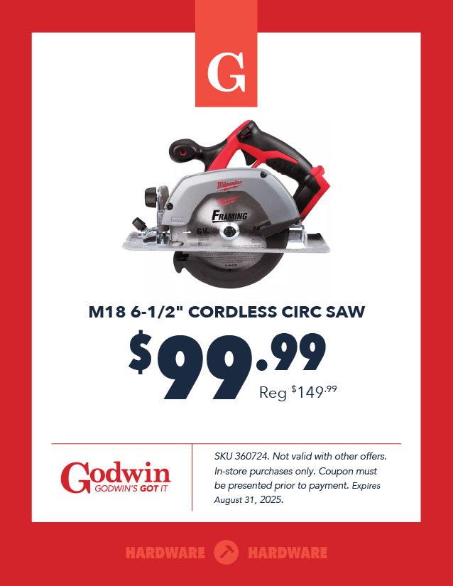 Promotional deal on M18 Cordless Circ Saw at Godwin Hardware