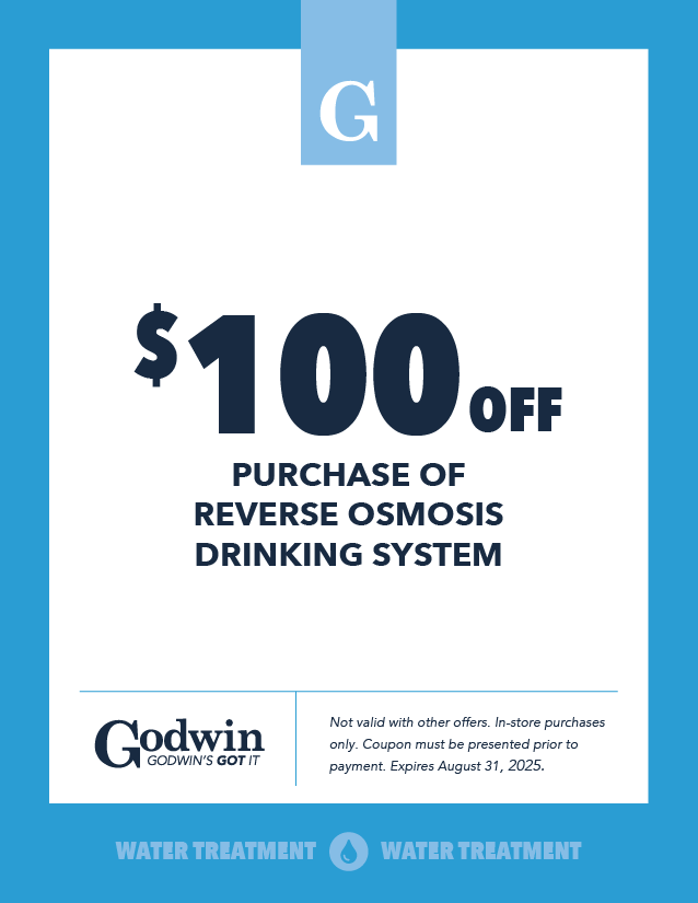Get $100 off the purchase of a reverse osmosis drinking system at Godwin Water Treatment 