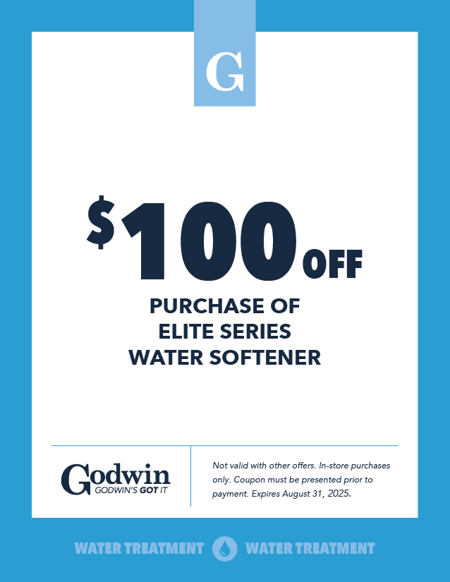 Get $100 off the purchase of a water softener at Godwin Water Treatment 