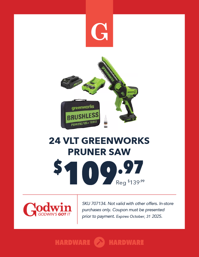 Promotional deal on 24 VLT Greenworks Pruner Saw at Godwin Hardware