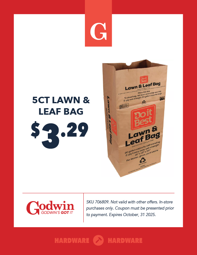 Promotional deal on a 5ct Lawn & Leaf bag at Godwin Hardware