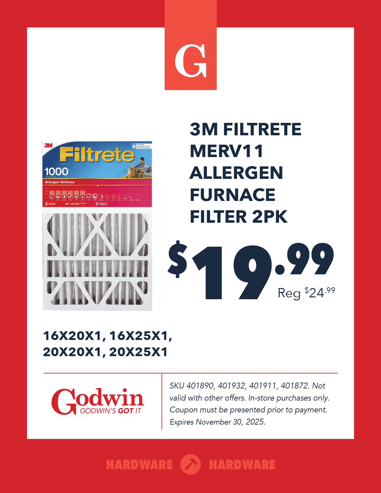 Promotional deal on 3M Filtrete Merv11 Allergen furnace filter 2PK at Godwin Hardware 