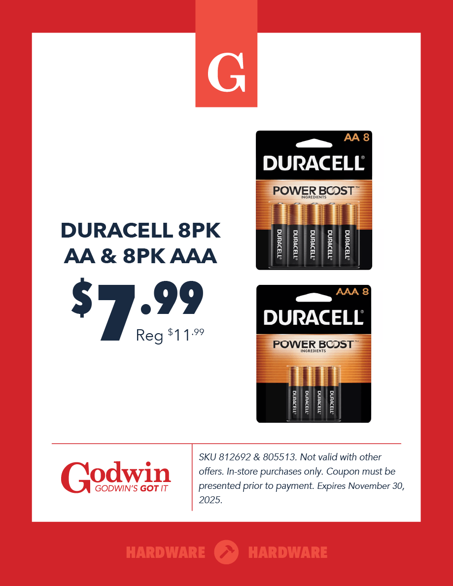 Promotional deal on Duracell 8PK AA & 8PK AAA at Godwin Hardware 