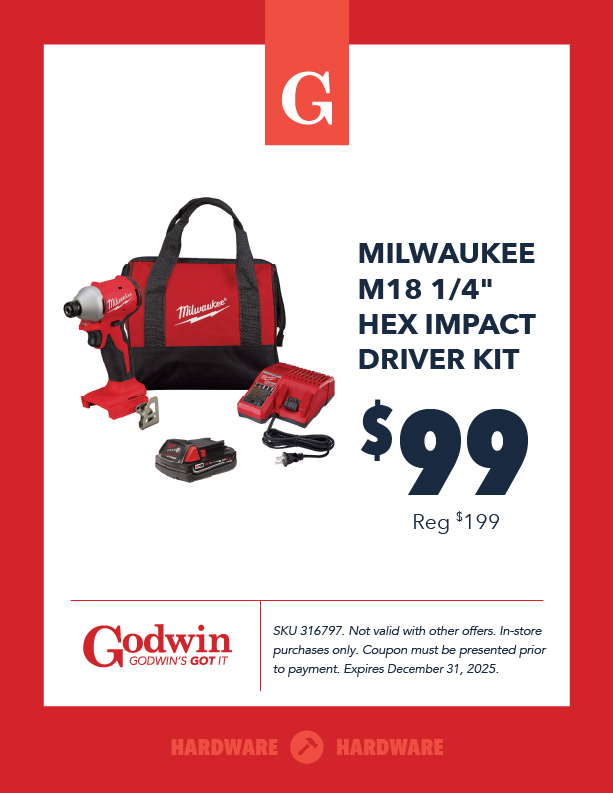 Promotional deal on Milwaukee M18 1/4" Hex Impact Driver Kit at Godwin Hardware 