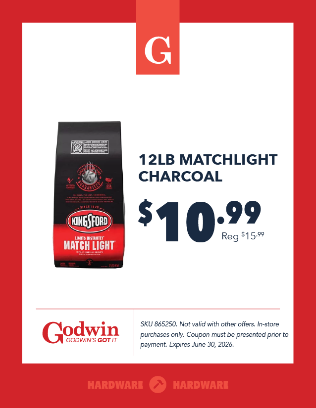 Promotional deal on 12lb Matchlight Charcoal at Godwin Hardware