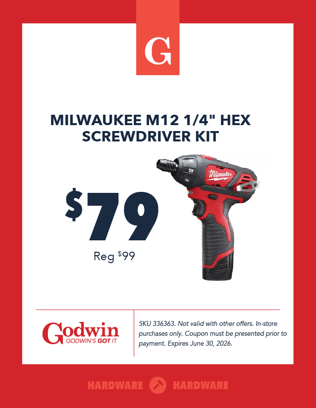 Promotional deal on a Milwaukee screwdriver kit at Godwin Hardware