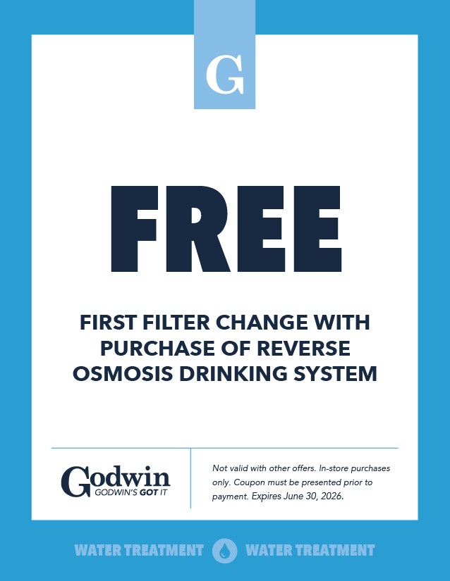Free first filter change with the purchase of a reverse osmosis drinking system at Godwin Water Treatment