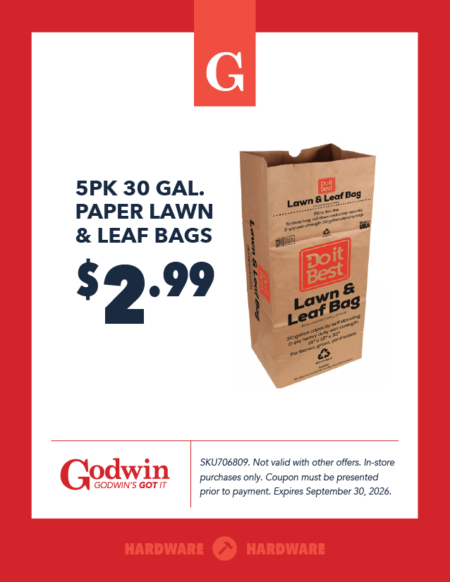 Promotional deal on a 30 gal leaf & lawn bag at Godwin Hardware