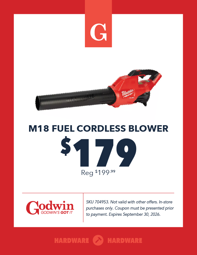 Promotional deal on an M18 cordless leaf blower at Godwin Hardware