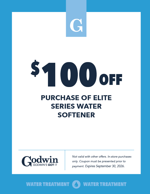 Get $100 off the purchase of an elite series water softener at Godwin Water Treatment