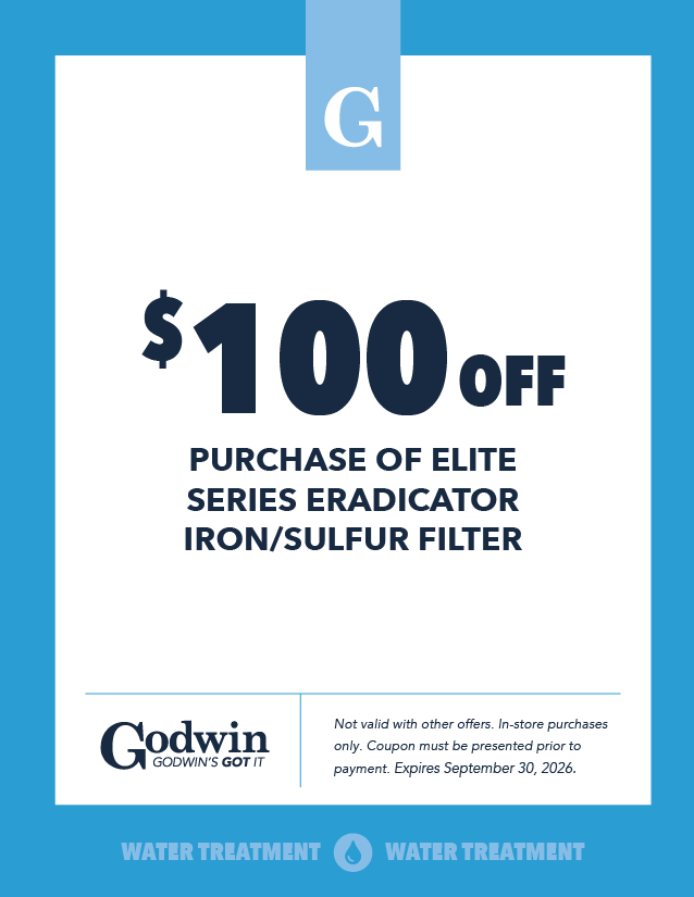 Get $100 off the purchase of an elite series iron/sulphur filter at Godwin Water Treatment