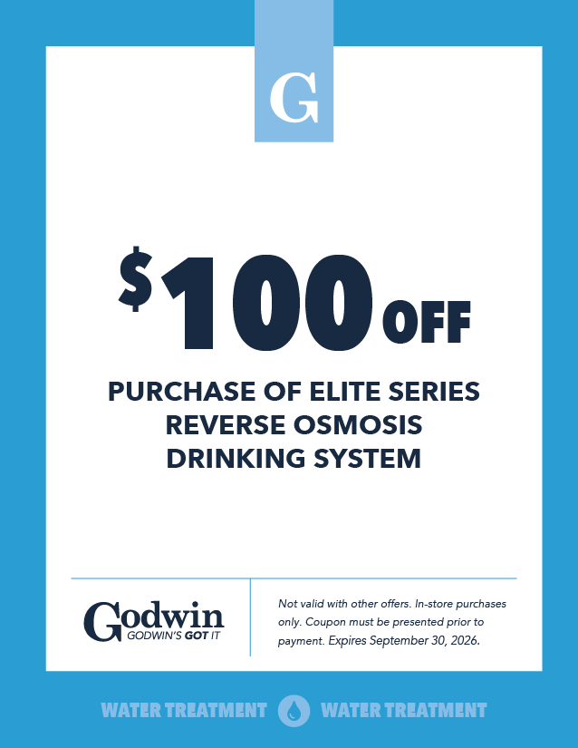 Get $100 off the purchase of a reverse osmosis drinking system at Godwin Water Treatment