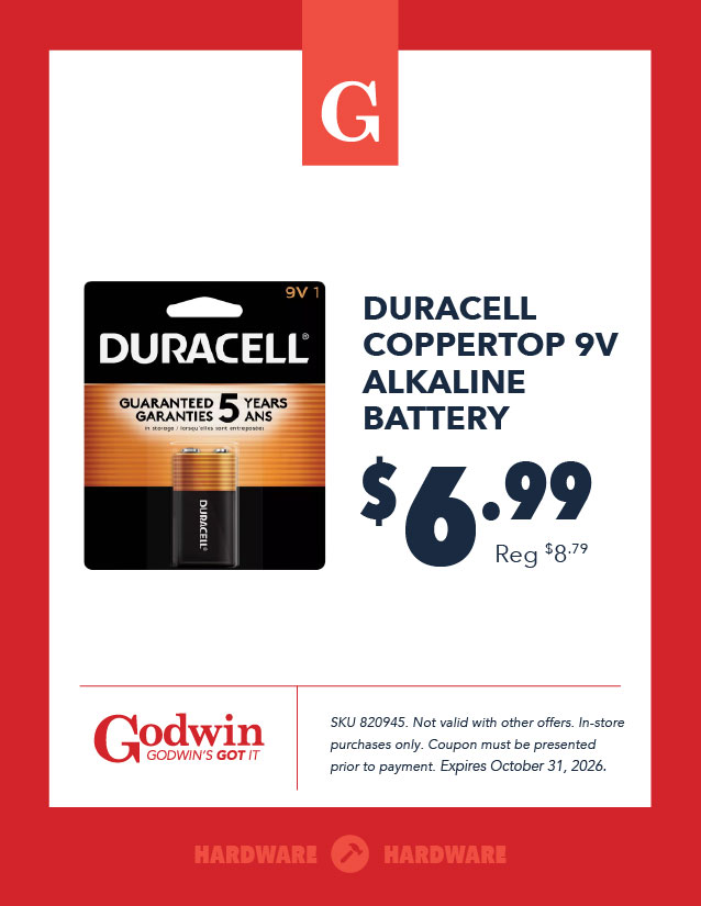 Promotional deal on Duracell 9V batteries at Godwin Hardware