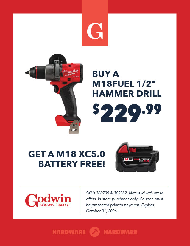 Get a M18 Hammer drill, and get a free battery at Godwin Hardware