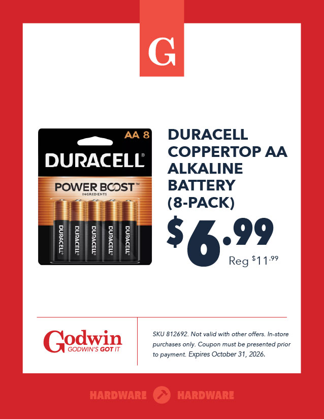 Promotional deal on Duracell AA batteries at Godwin Hardware