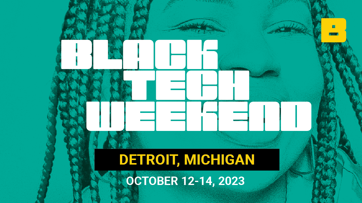 Black Teck Weekend text over a women smiling image