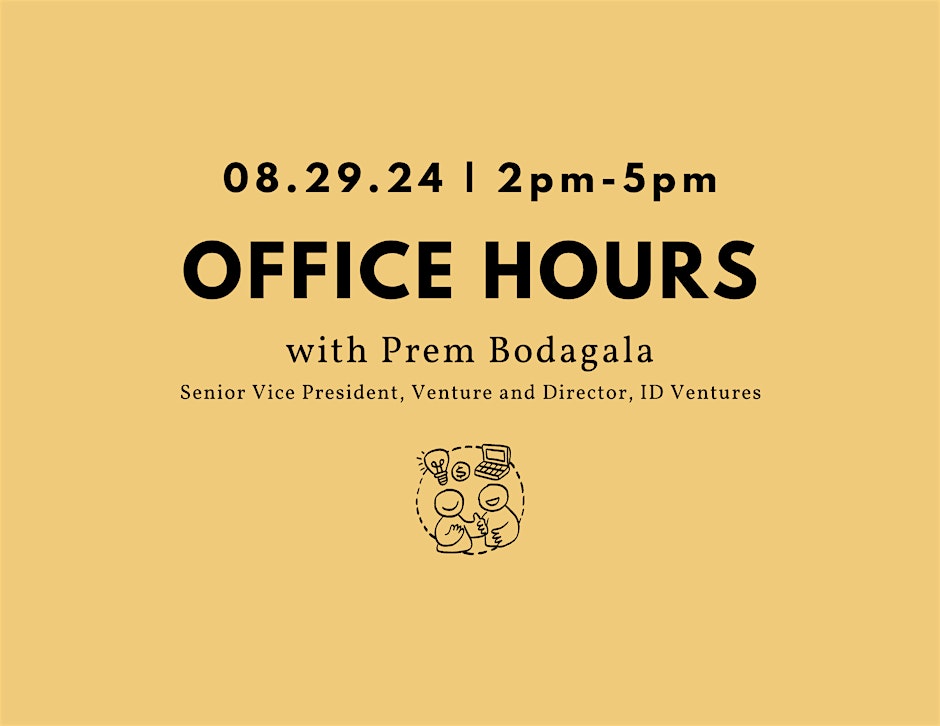orange image with black text saying office hours with Prem Bodagala. also an image with two sticks figures in a circle with a laptop