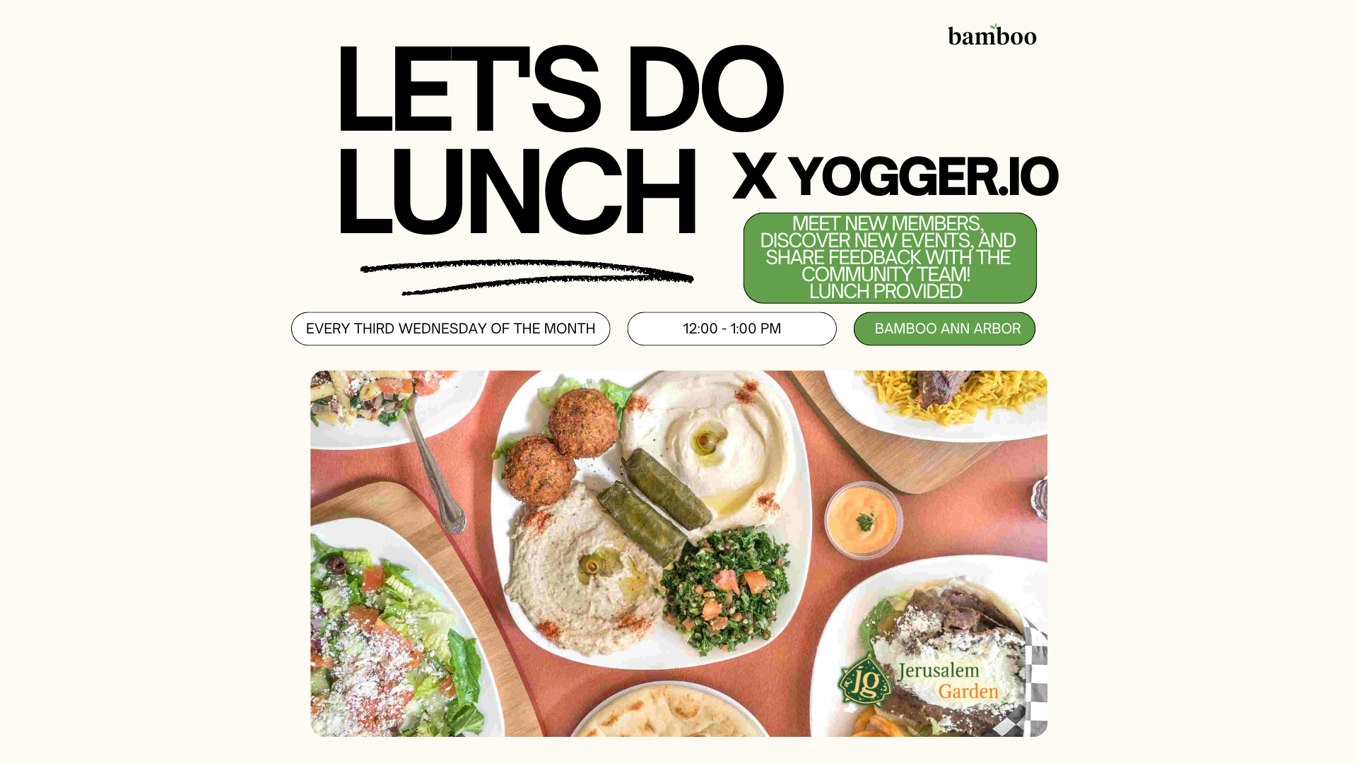 white background image with a lunch platter of hummus, chips, and vegetables. black text saying "let's do lunch, @bamboo ann arbor, every third wednesday of the month, 12:00PM-1:00PM”