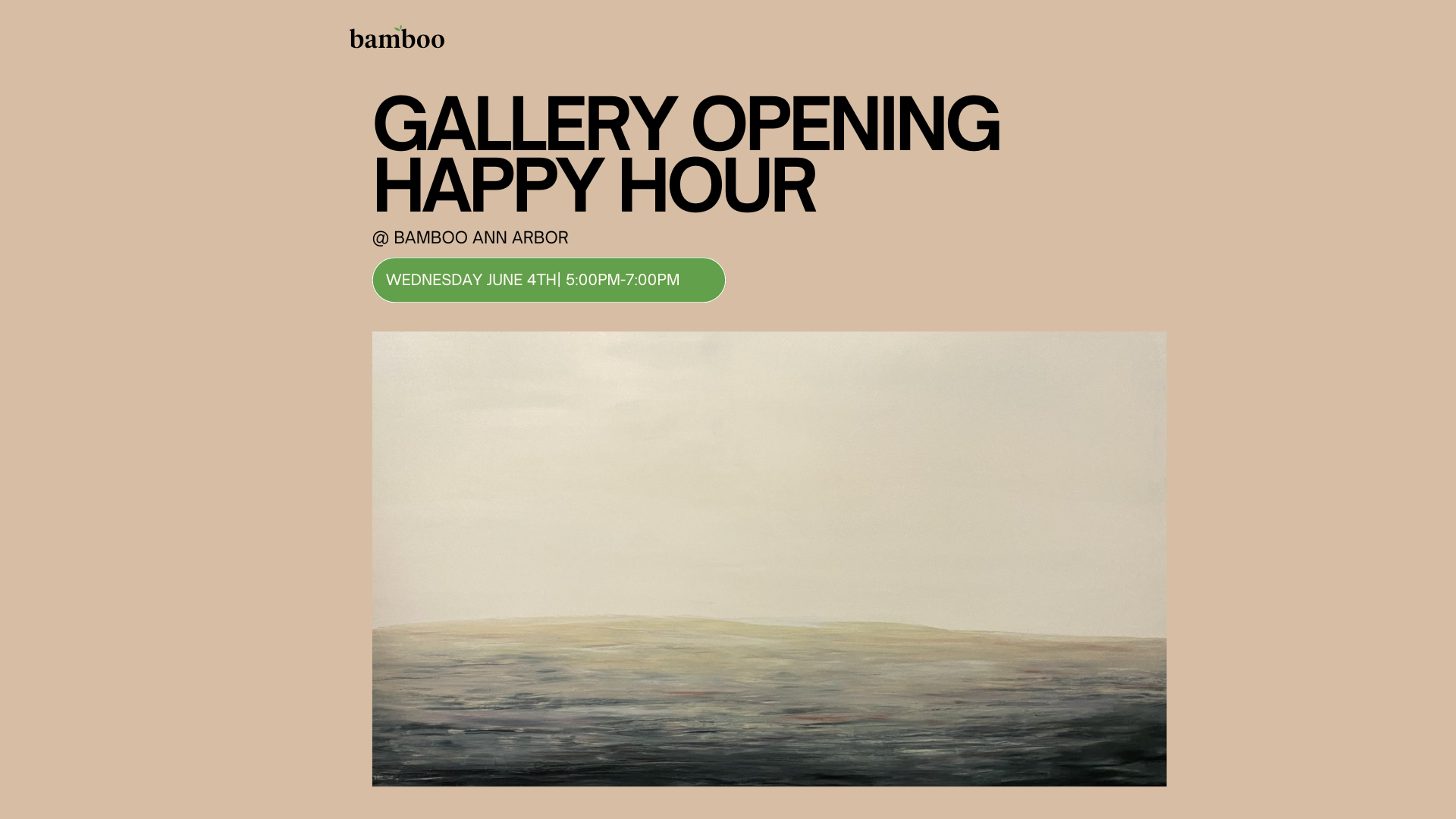 beige background color with an image of Kelley Kozloffand black text saying, "gallery opening happy hour"
