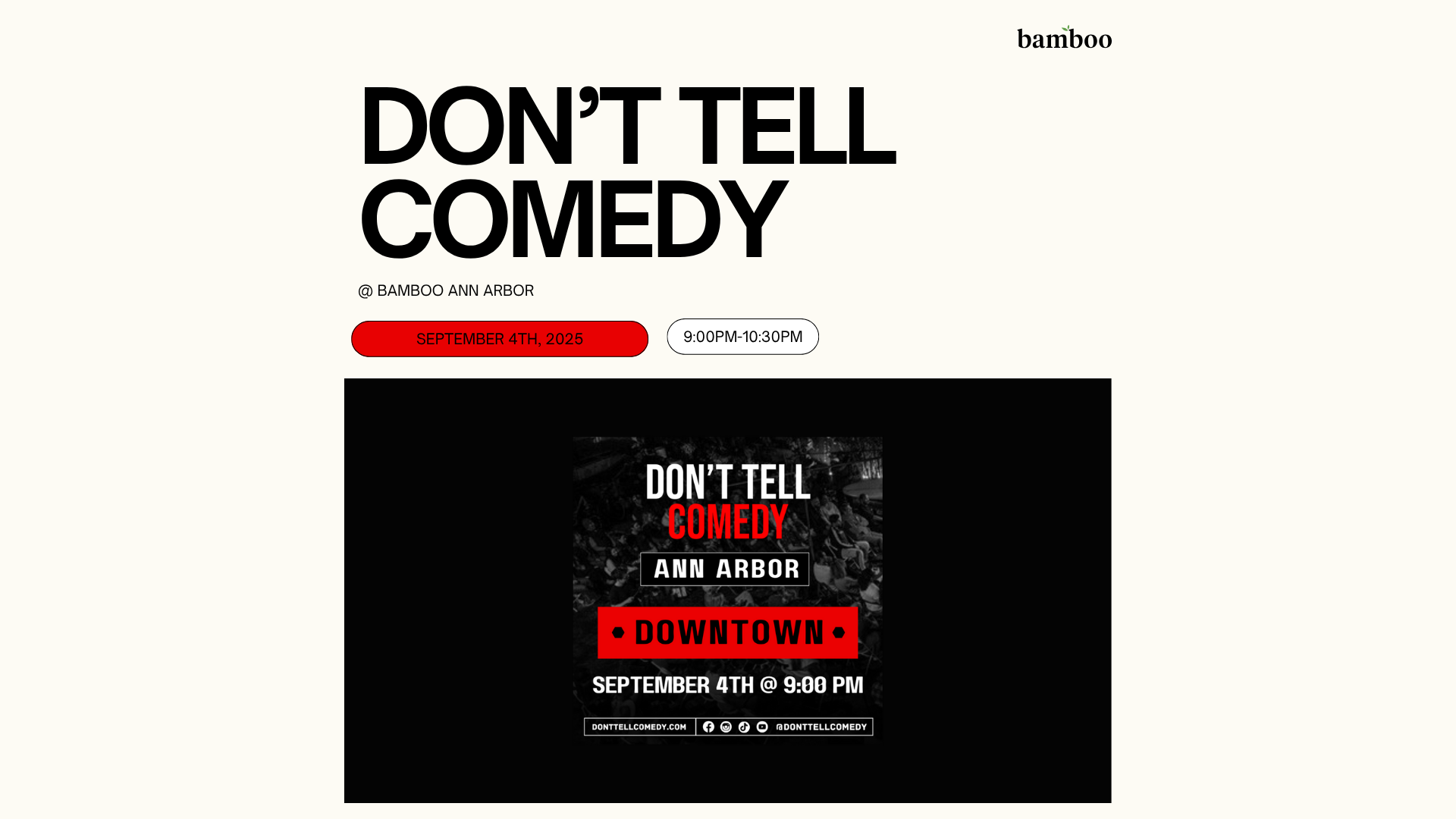 white background with an image of black text saying, "don't tell comedy show, june 21st 9:00pm-10:30pm, at bamboo ann arbor"