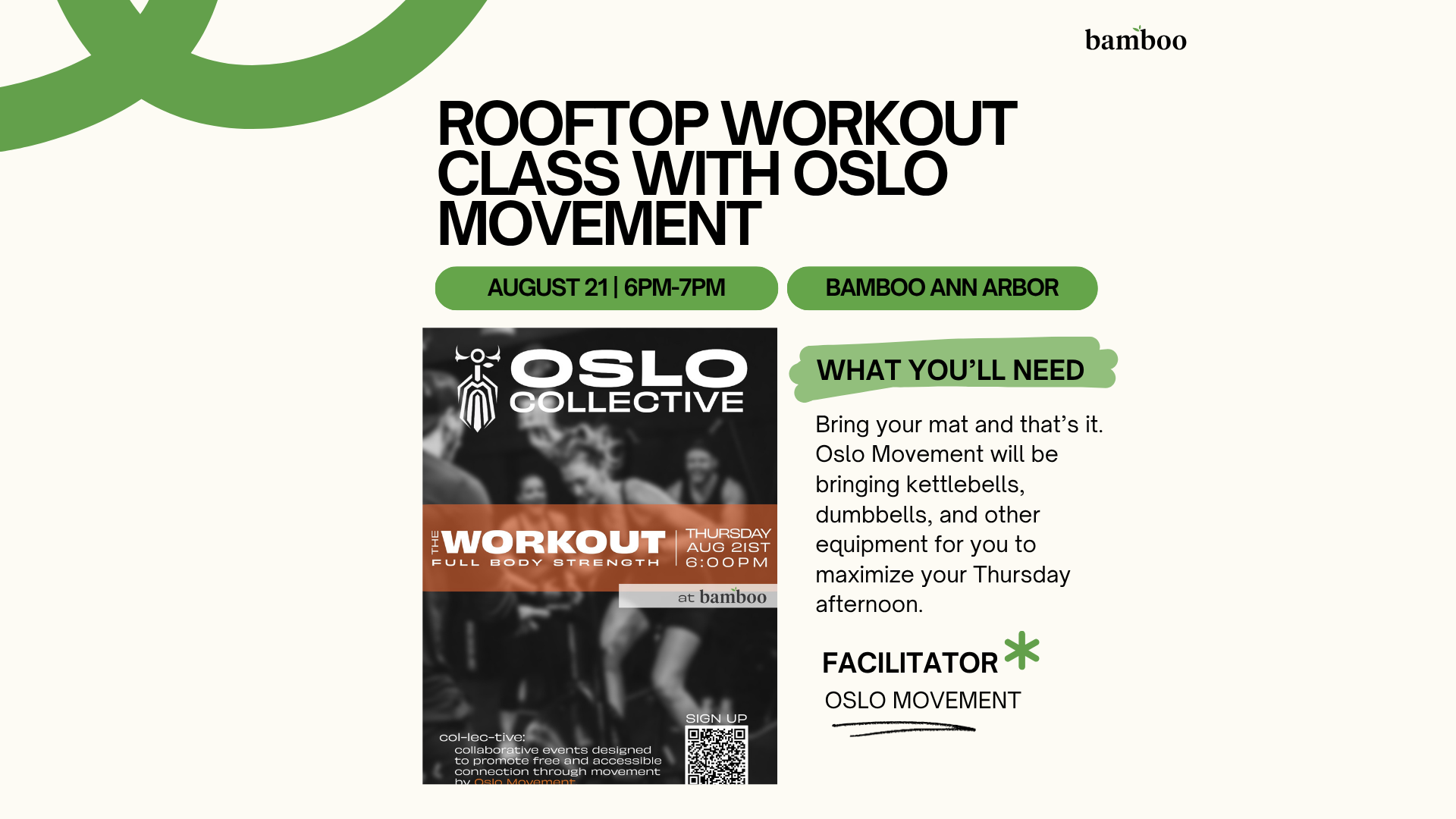 image with a white background and black text saying "Rooftop Workout Class with Oslo Movement" 