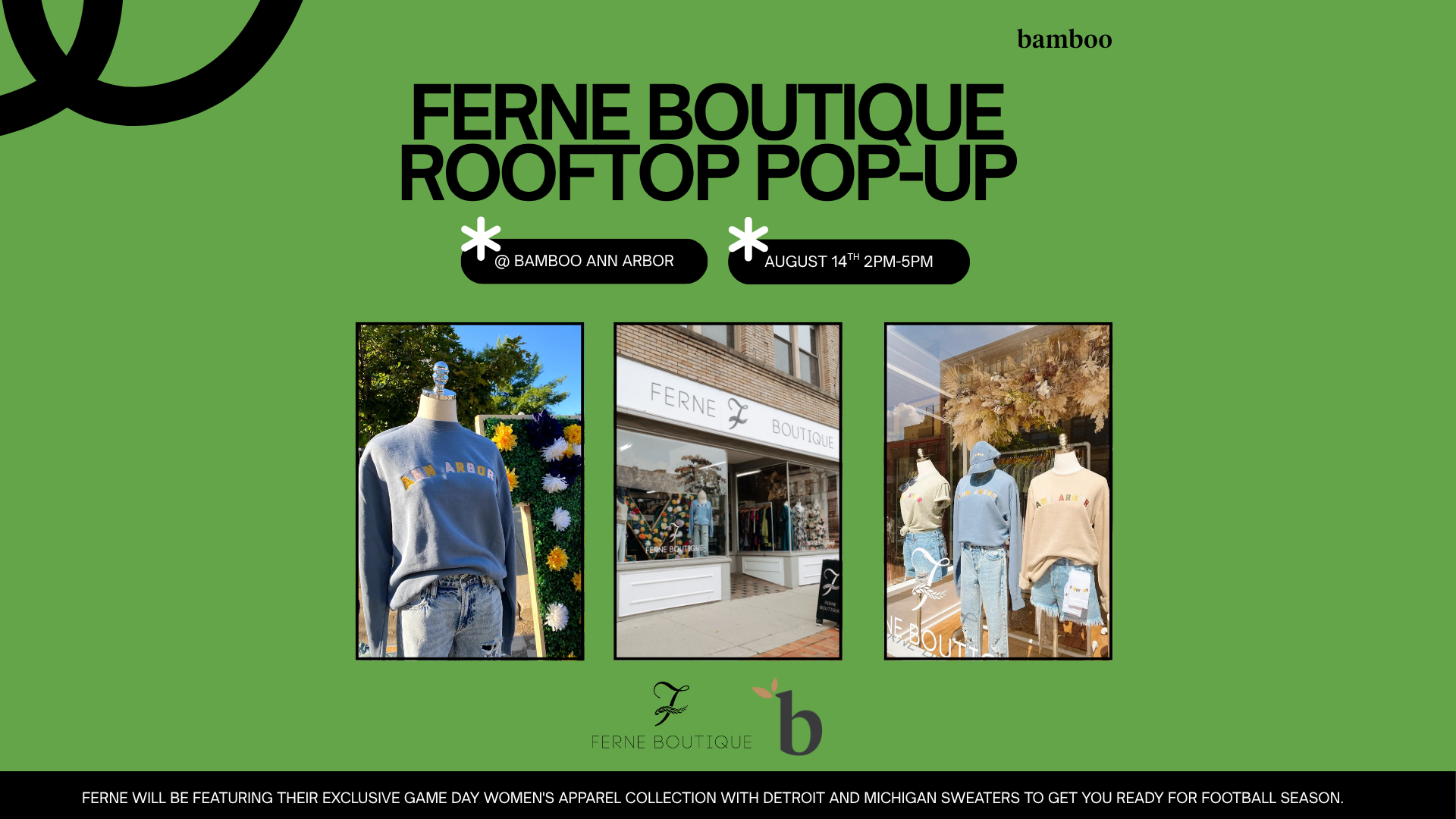 green background image with text saying "ferne boutique rooftop pop-up" 