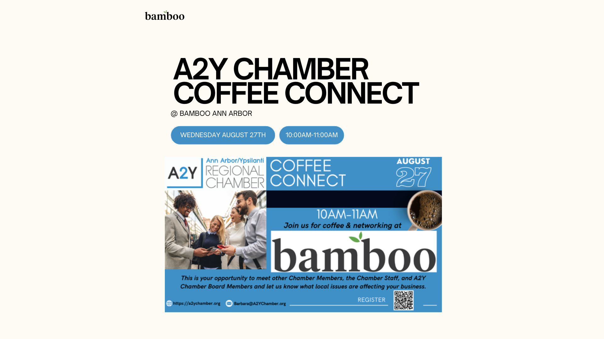 white background with an image of text saying :a2y chamber event: Coffee and Connect 10am-11am. also an image of the bamboo logo