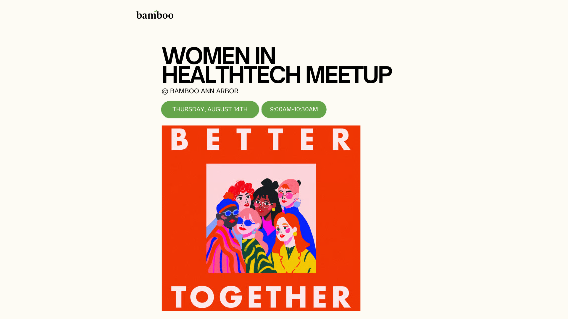 white background with an image of animated women meeting together and text saying "women in healthtech meetup, thursday august, 9:00am-10:30am