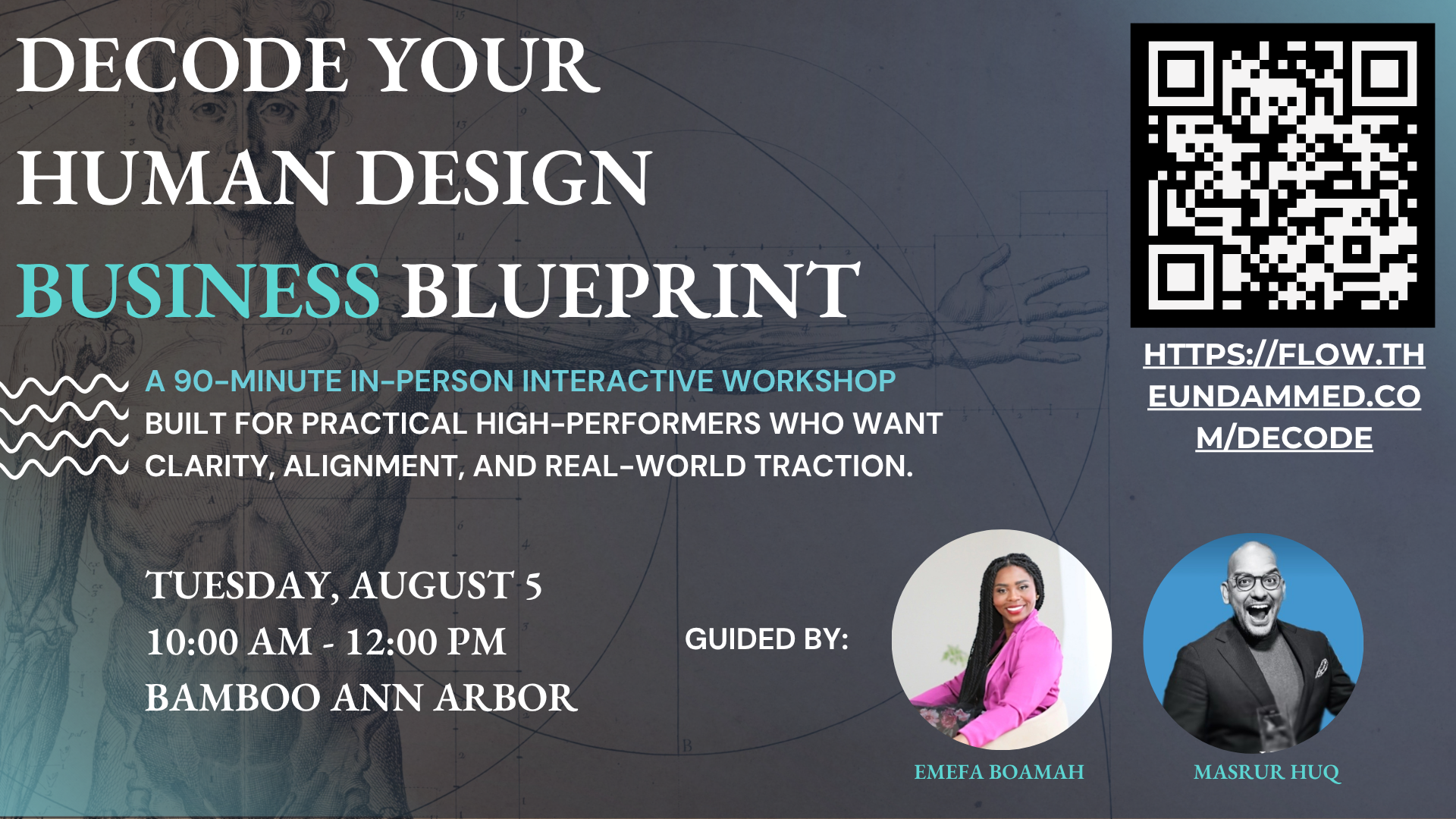 blue background with an image of. awoman and man headshots, text saying, "decode your human design business blueprint: a live activation lab for purpose-driven leaders