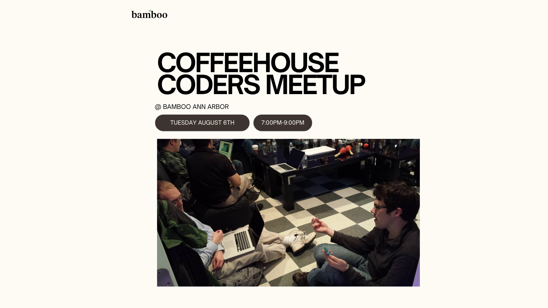 white background with an image of two individuals talking and chatting. black text saying "coffeehouse coders meetup"