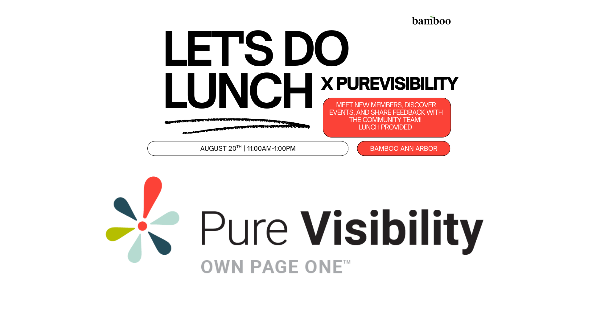 white background with an image of the pure visibility logo and text saying 'let's do lunch"