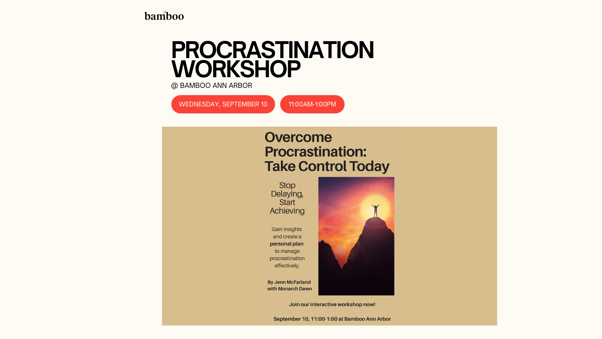 White background image with text saying "Procrastination Workshop" with a date and time of Wednesday September 10th, 2025 at 11am-1pm